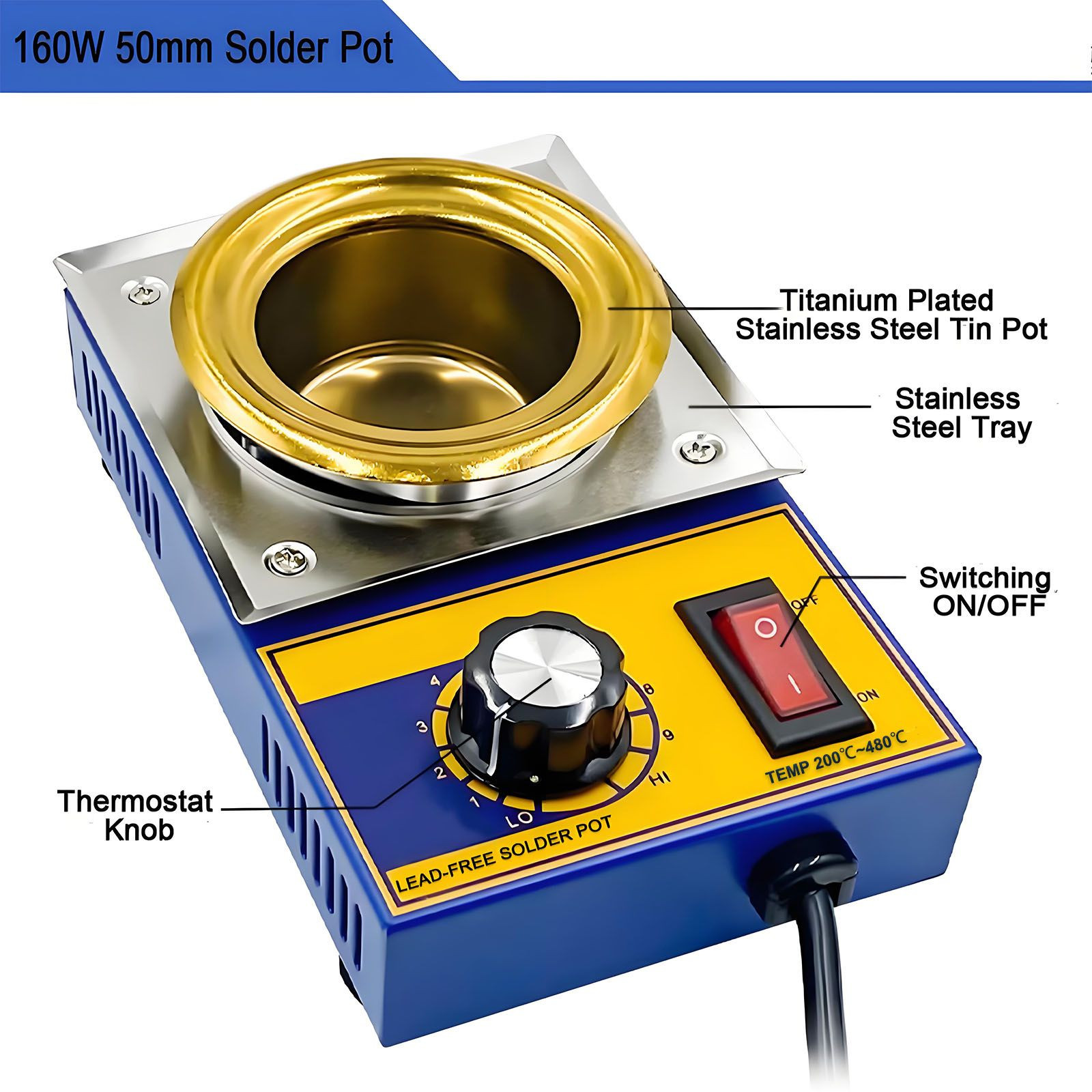 50mm  160W  Lead-free Solder Pots Soldering Brazing Equipment Pot Soldering Desoldering Bath Plate 200-480℃